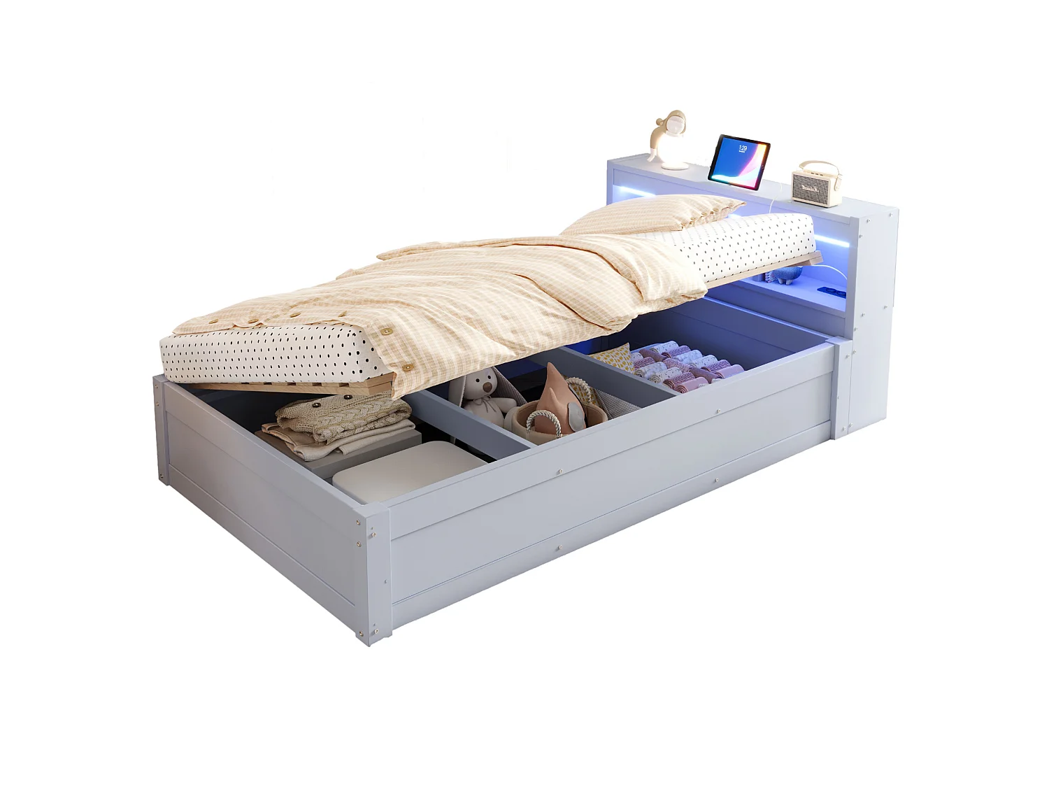 Kinderbed met opbergruimte 90x200 cm met stopcontact, ledverlichting en opbergruimte - Grijs MDF-hout
