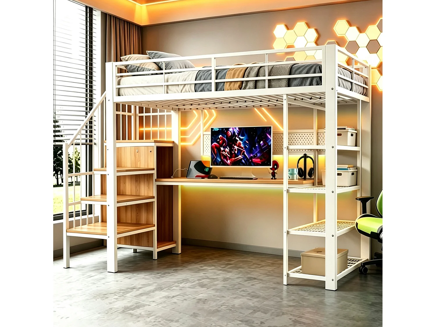 Lit mezzanine 90x200 cm avec bureau intégré, LED et prises - Lit enfant en métal et bois blanc