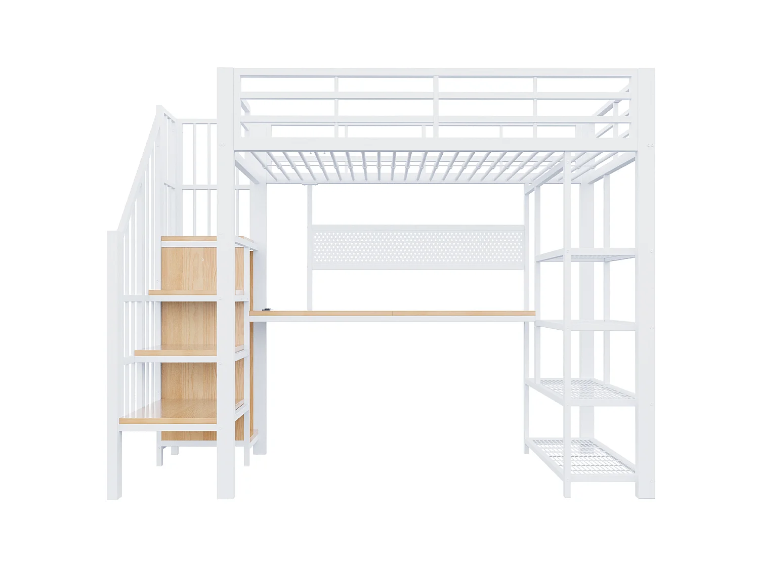 Lit mezzanine 90x200 cm avec bureau intégré, LED et prises - Lit enfant en métal et bois blanc