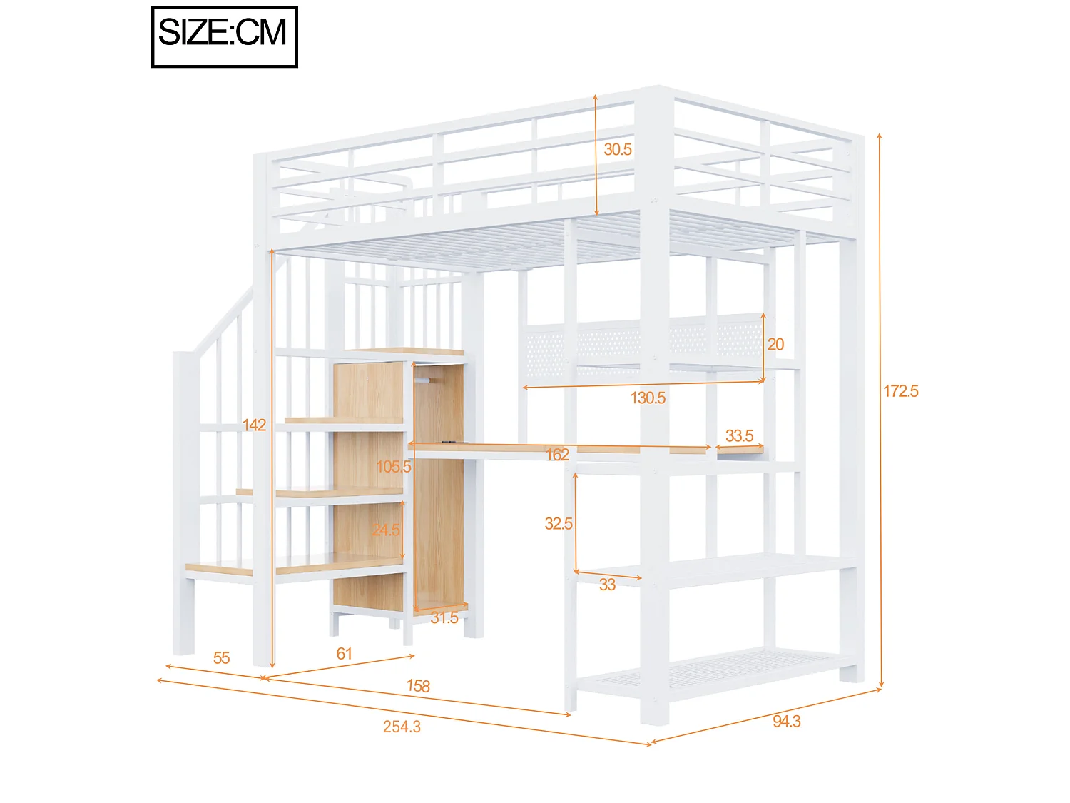 Lit mezzanine 90x200 cm avec bureau intégré, LED et prises - Lit enfant en métal et bois blanc