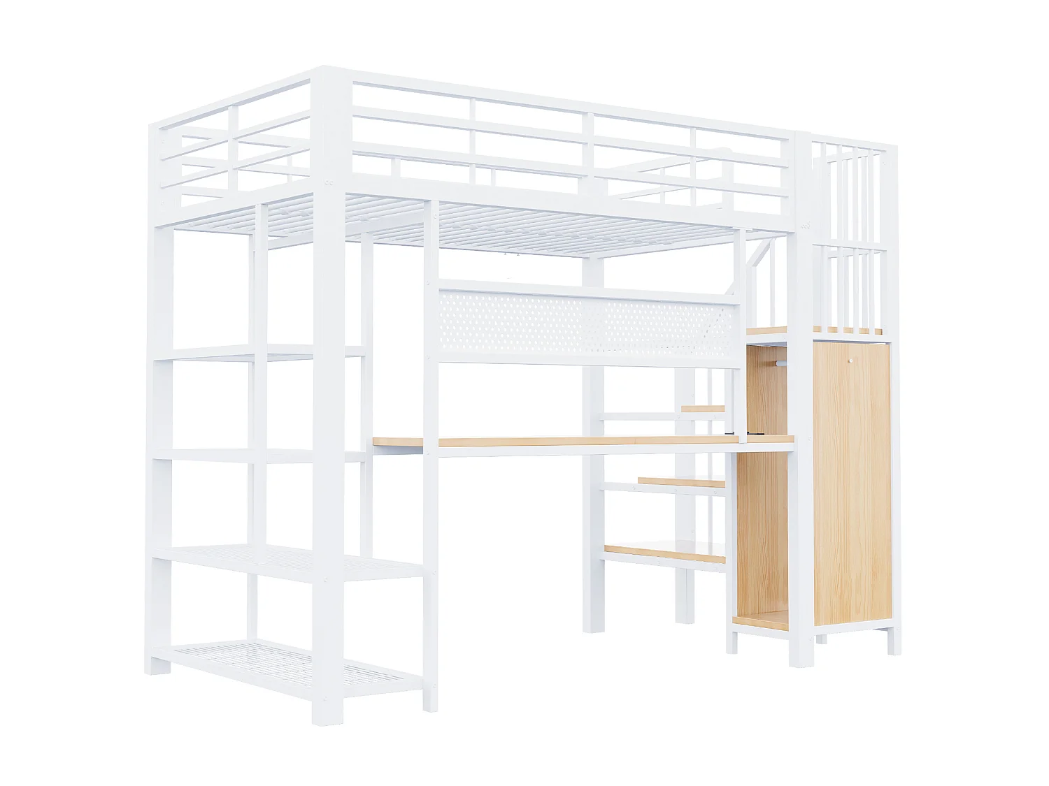 Lit mezzanine 90x200 cm avec bureau intégré, LED et prises - Lit enfant en métal et bois blanc