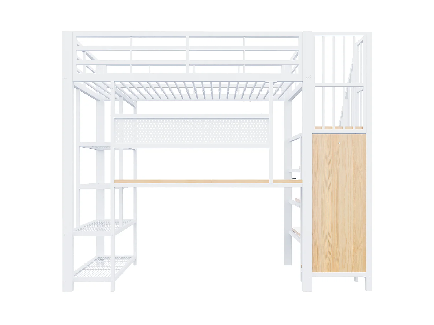 Lit mezzanine 90x200 cm avec bureau intégré, LED et prises - Lit enfant en métal et bois blanc