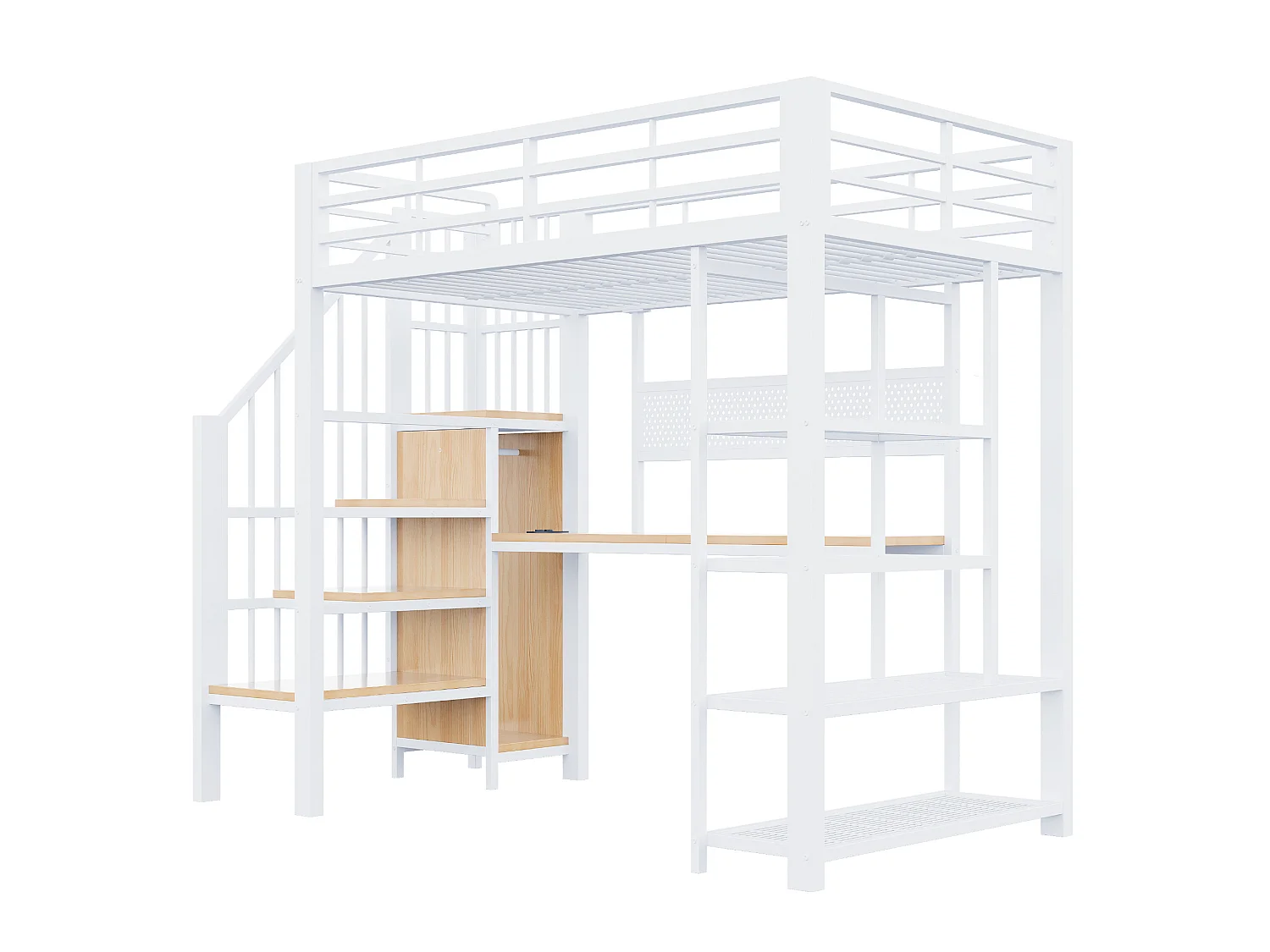 Lit mezzanine 90x200 cm avec bureau intégré, LED et prises - Lit enfant en métal et bois blanc