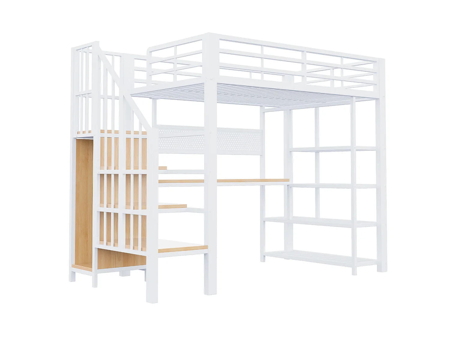 Lit mezzanine 90x200 cm avec bureau intégré, LED et prises - Lit enfant en métal et bois blanc