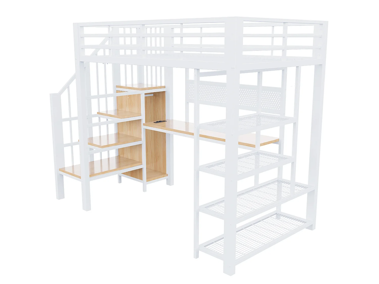 Lit mezzanine 90x200 cm avec bureau intégré, LED et prises - Lit enfant en métal et bois blanc