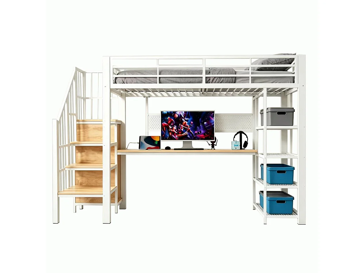 Lit mezzanine 90x200 cm avec bureau intégré, LED et prises - Lit enfant en métal et bois blanc