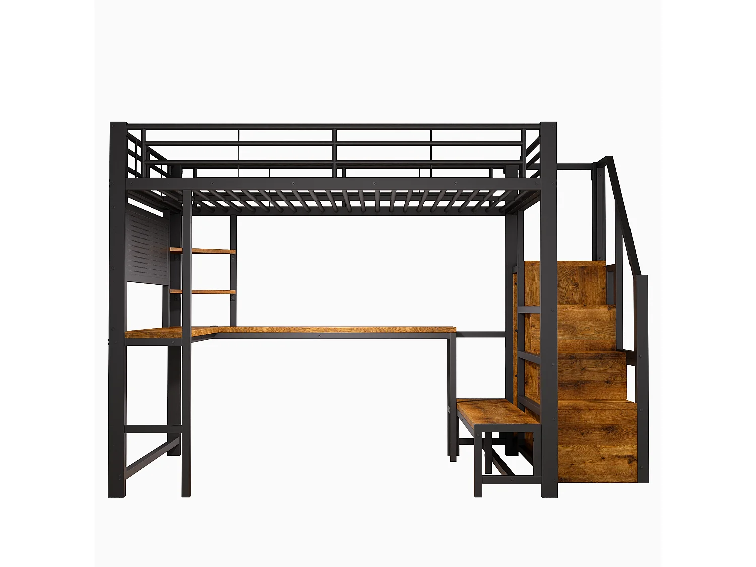 Hochbett 140 x 200 cm - mit Tisch - mit USB + USB-C-Anschlüssen - mit LED-Beleuchtung - schwarz (Matratze nicht enthalten)