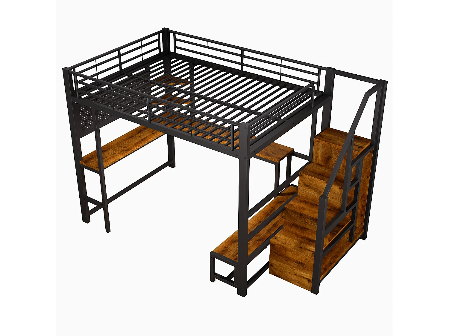 Hochbett 140 x 200 cm - mit Tisch - mit USB + USB-C-Anschlüssen - mit LED-Beleuchtung - schwarz (Matratze nicht enthalten)