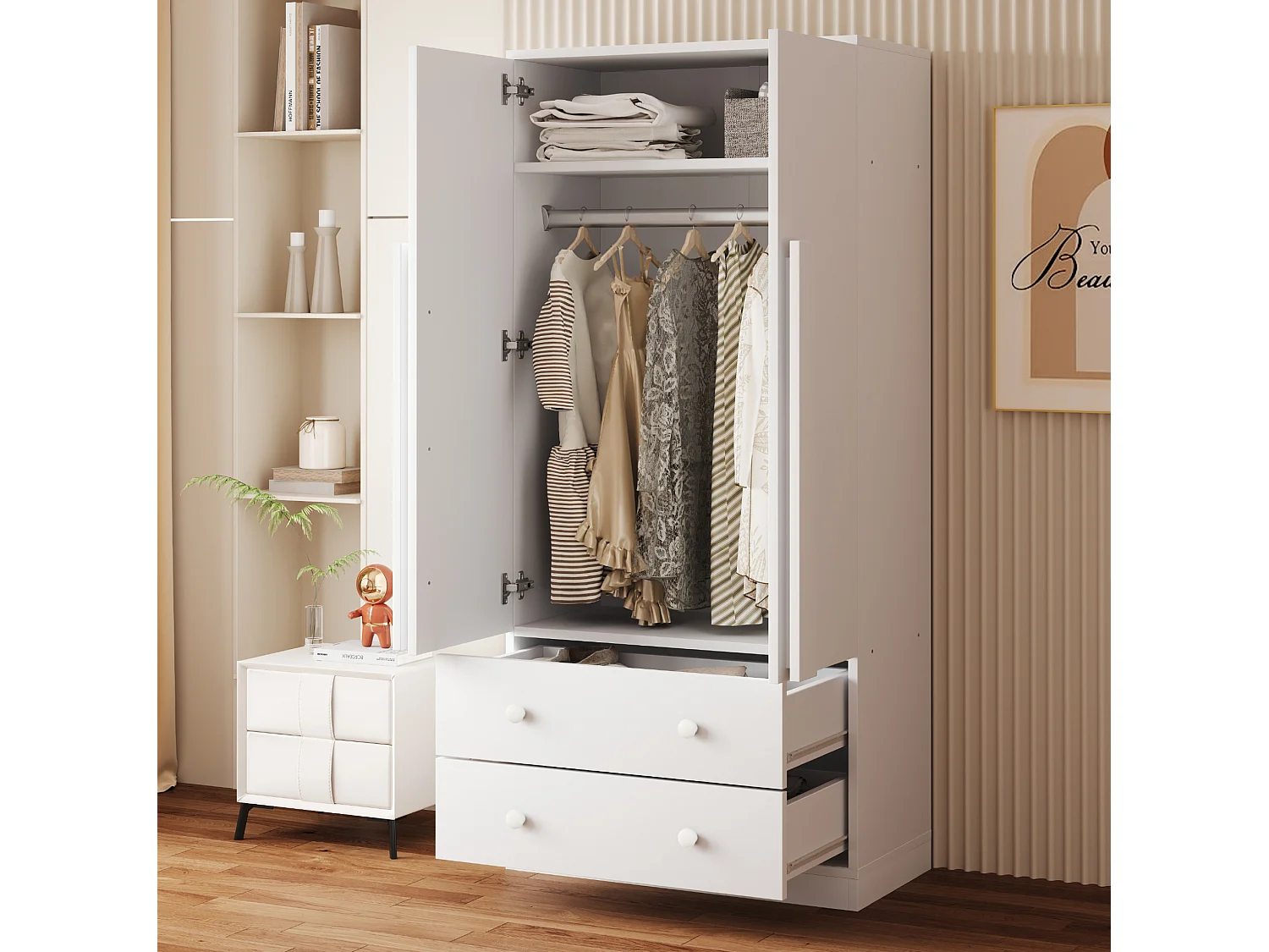 Roupeiro 70x40x170 cm com 2 portas e 2 gavetas - Madeira branca