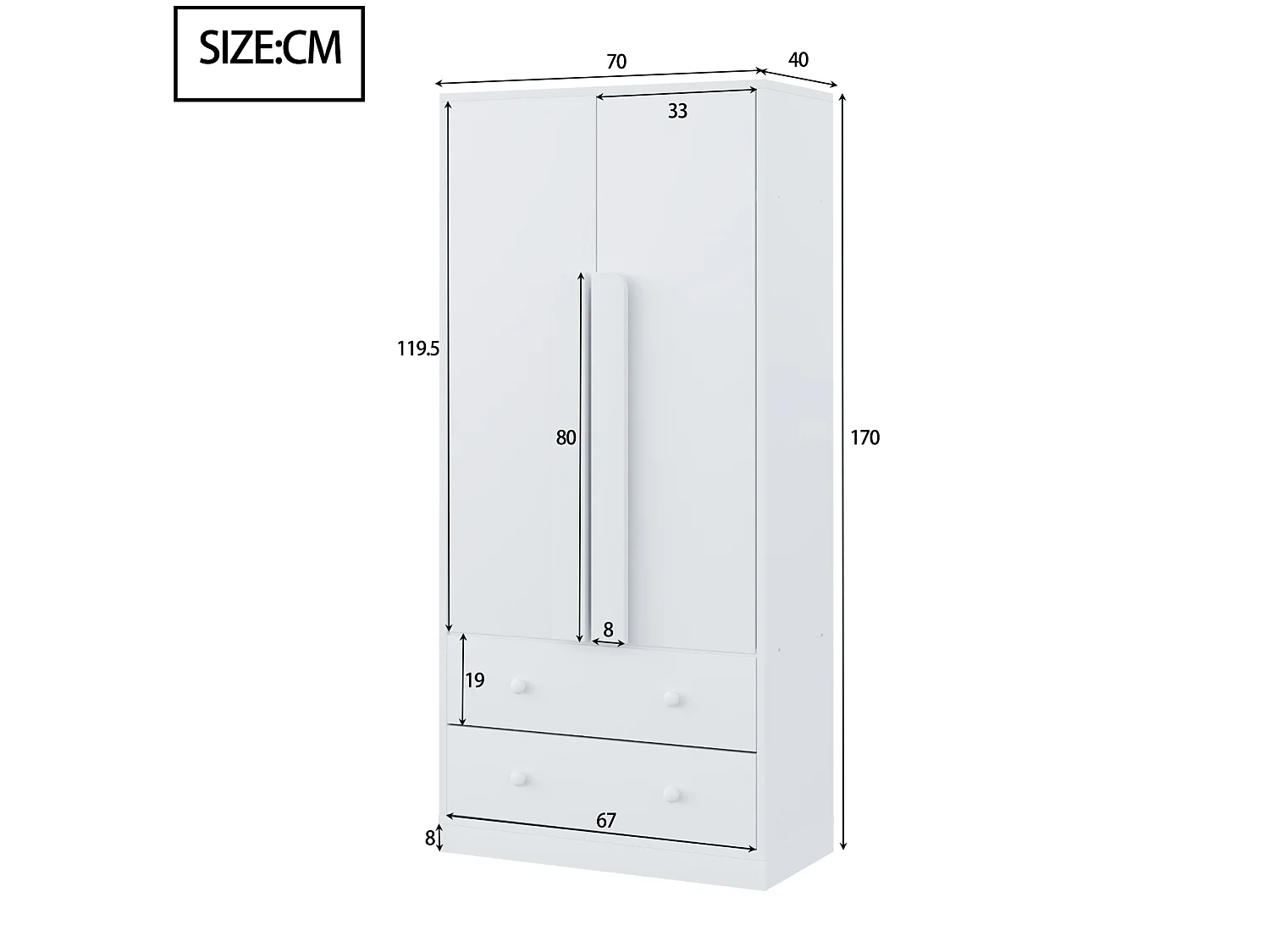 Roupeiro 70x40x170 cm com 2 portas e 2 gavetas - Madeira branca