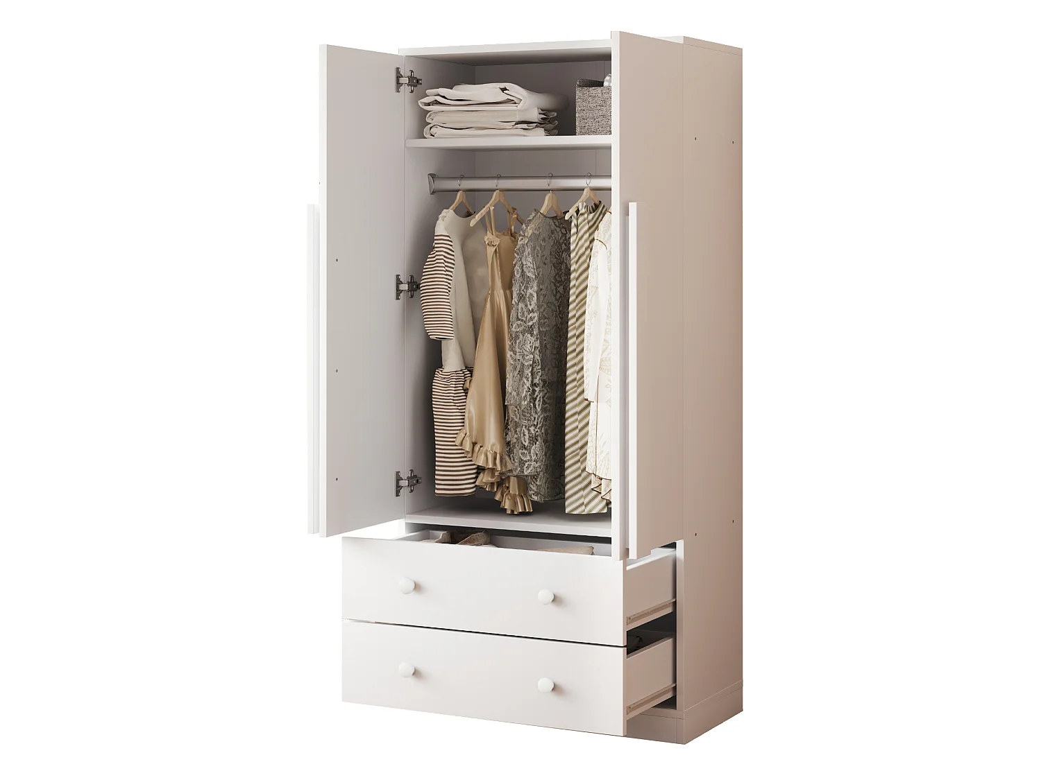 Roupeiro 70x40x170 cm com 2 portas e 2 gavetas - Madeira branca