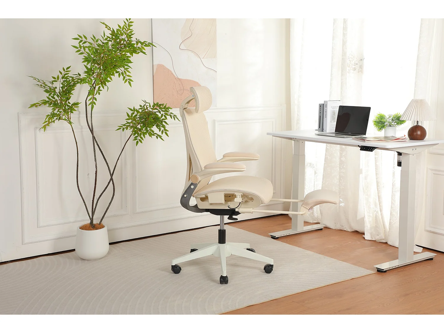 Chaise de bureau ergonomique pliante en maille coloris crème - Avec dossier réglable