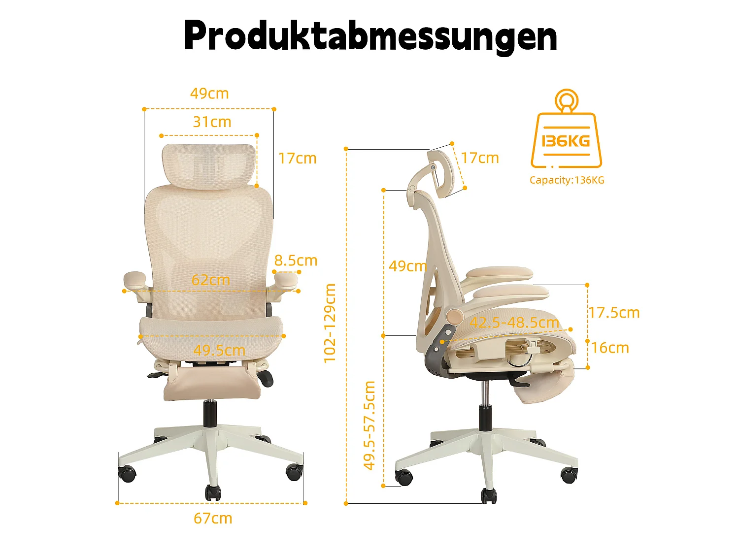 Chaise de bureau ergonomique pliante en maille coloris crème - Avec dossier réglable
