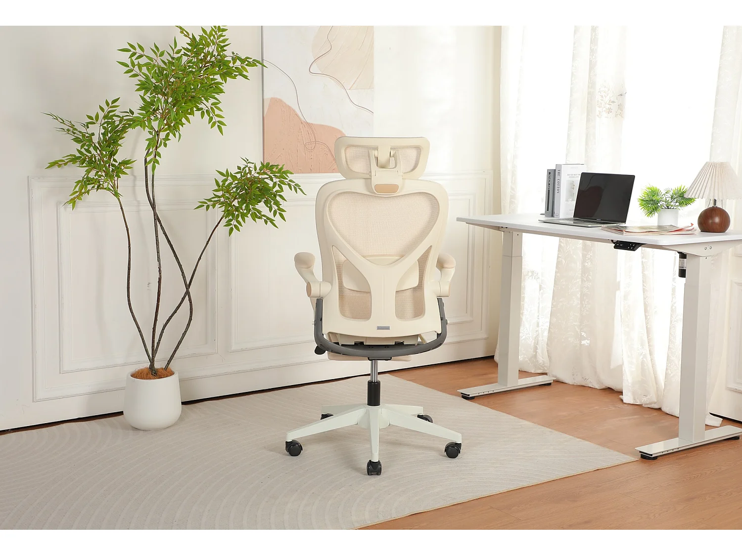 Chaise de bureau ergonomique pliante en maille coloris crème - Avec dossier réglable