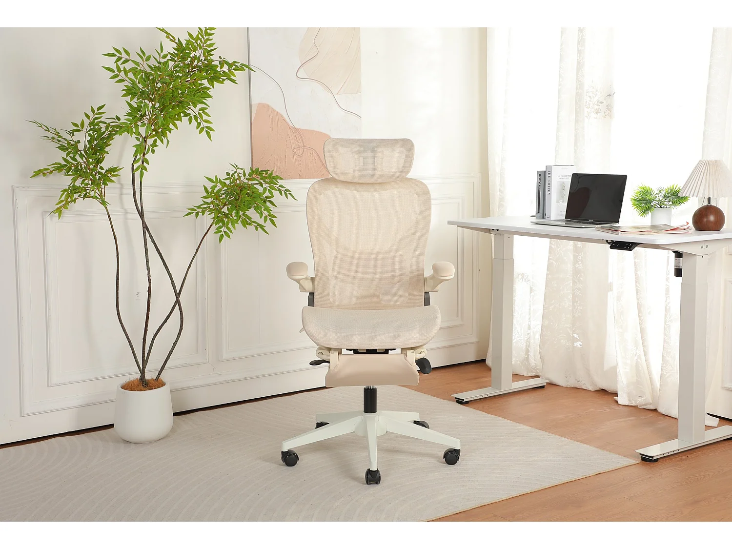 Chaise de bureau ergonomique pliante en maille coloris crème - Avec dossier réglable