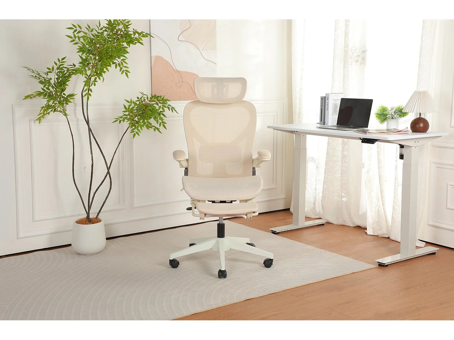 Chaise de bureau ergonomique pliante en maille coloris crème - Avec dossier réglable
