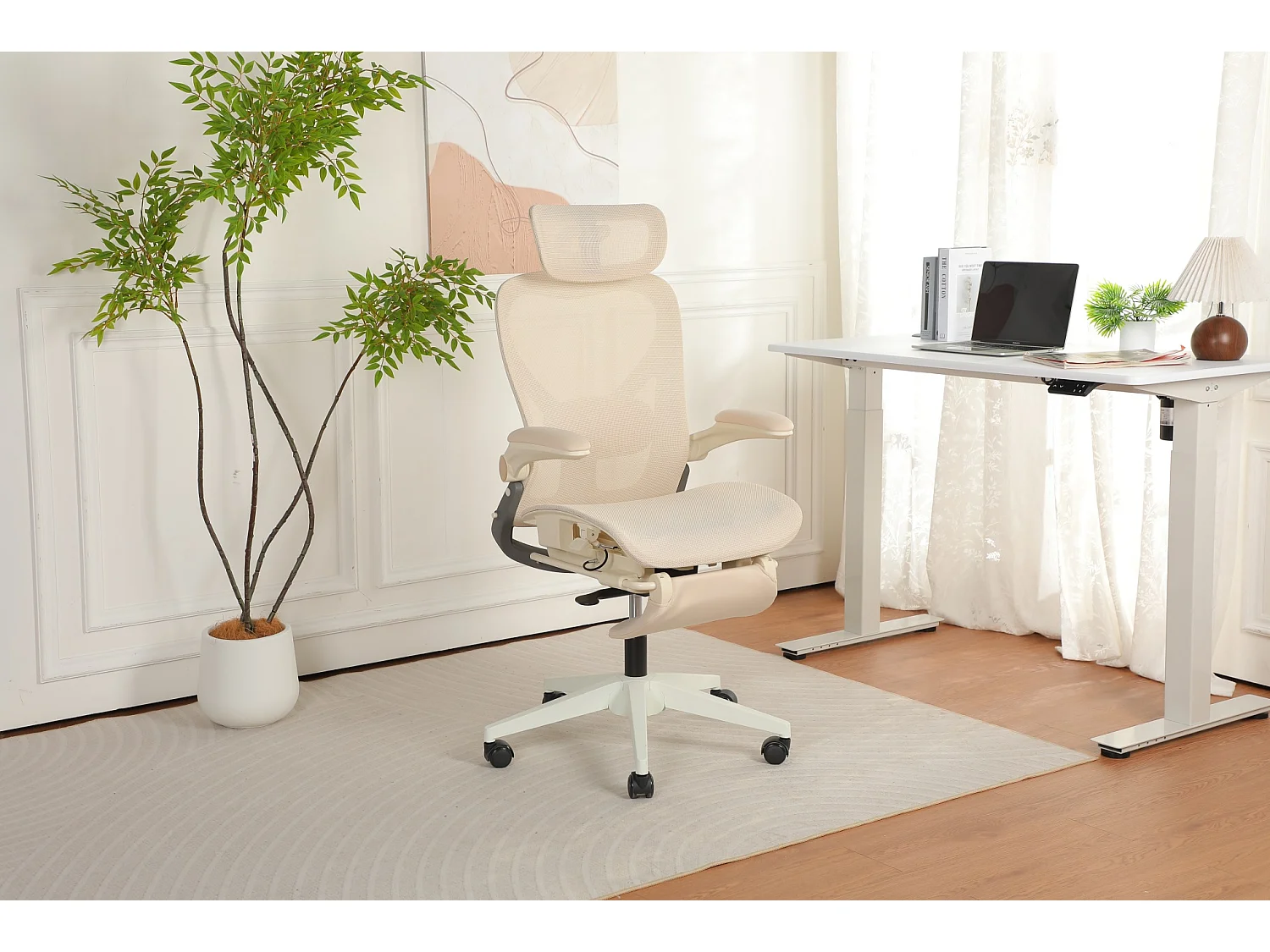 Chaise de bureau ergonomique pliante en maille coloris crème - Avec dossier réglable