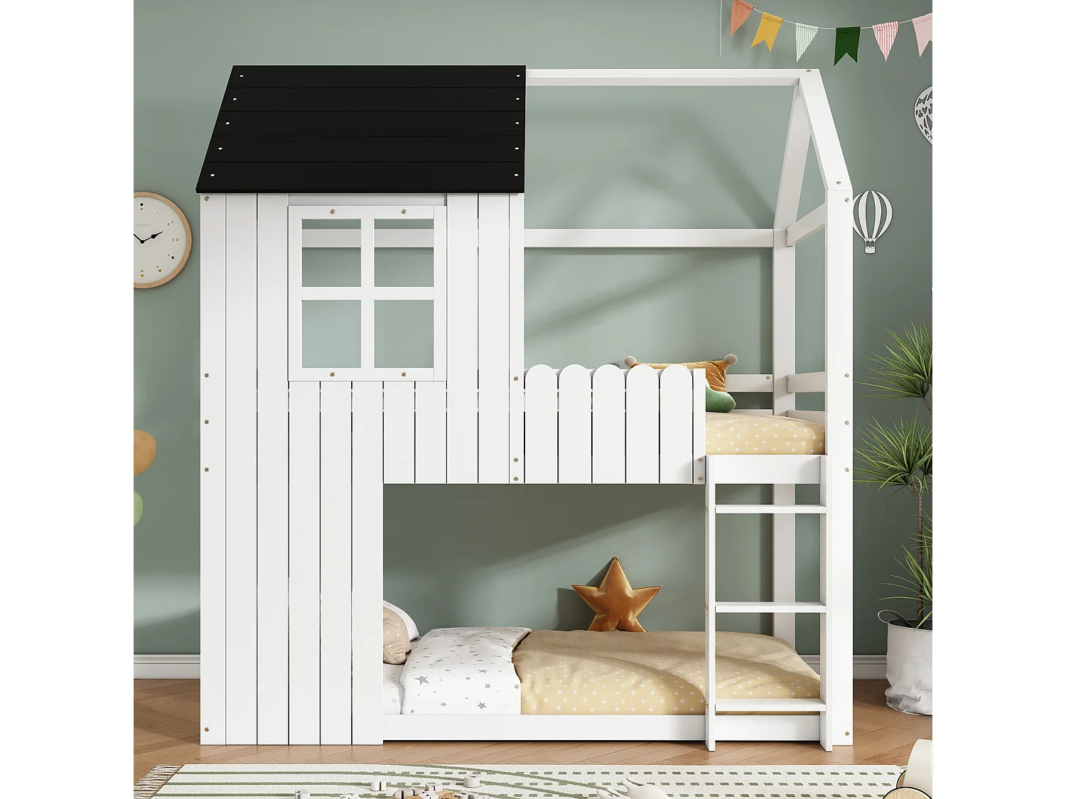 Letto a soppalco per bambini 90x200 cm in legno con rete a doghe e scaletta - Bianco
