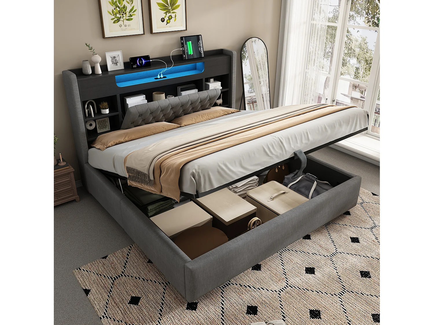 Lit coffre adulte 160x200 cm lin gris - Tête de lit avec rangement, LED et USB/Type-C