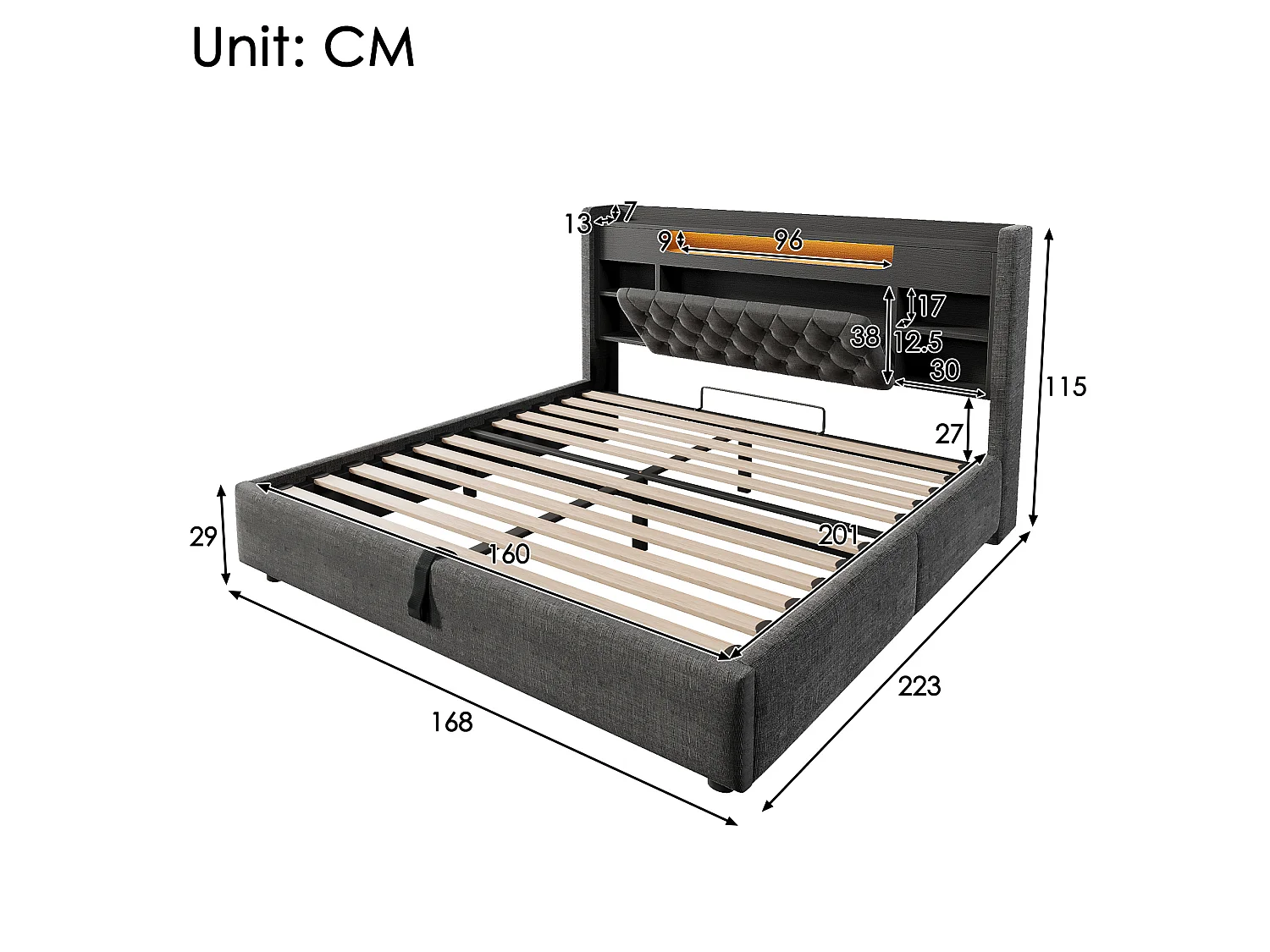 Lit coffre adulte 160x200 cm lin gris - Tête de lit avec rangement, LED et USB/Type-C