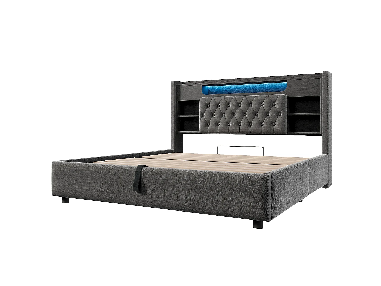 Lit coffre adulte 160x200 cm lin gris - Tête de lit avec rangement, LED et USB/Type-C