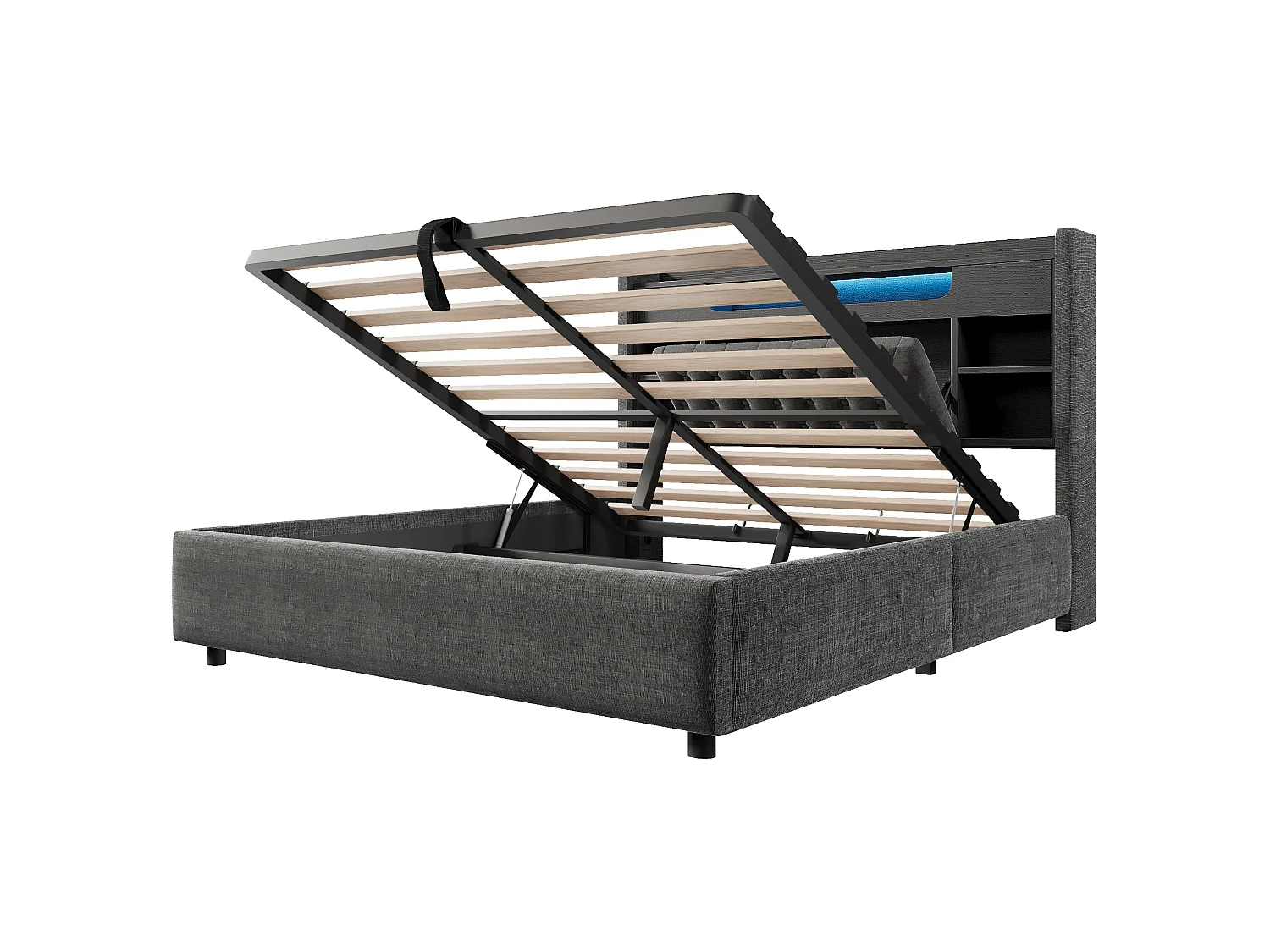 Lit coffre adulte 160x200 cm lin gris - Tête de lit avec rangement, LED et USB/Type-C