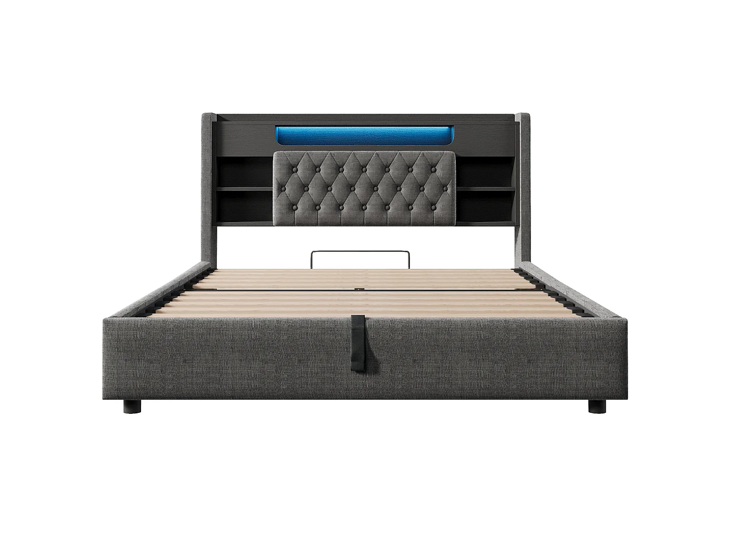 Lit coffre adulte 160x200 cm lin gris - Tête de lit avec rangement, LED et USB/Type-C