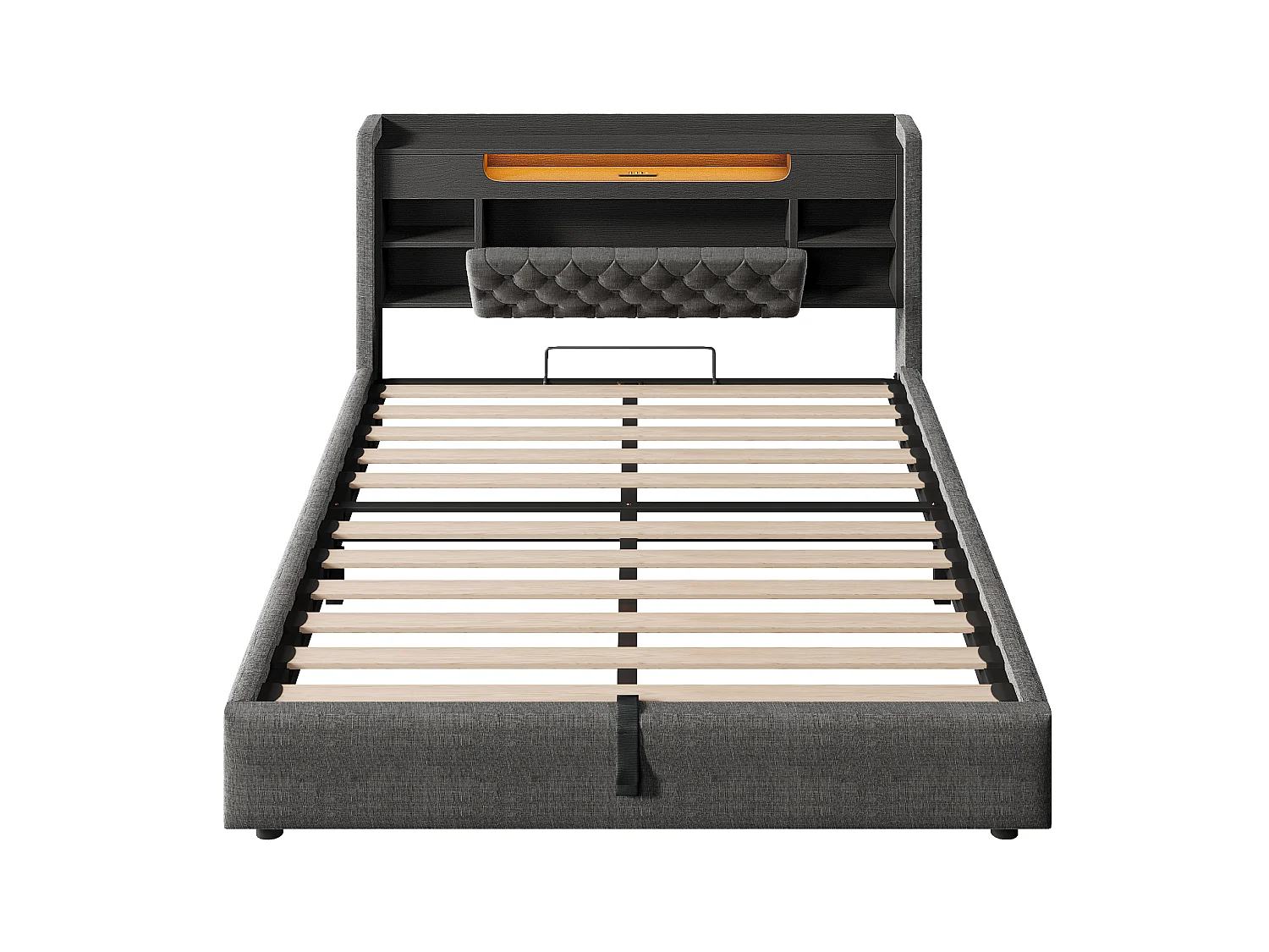 Lit coffre adulte 160x200 cm lin gris - Tête de lit avec rangement, LED et USB/Type-C
