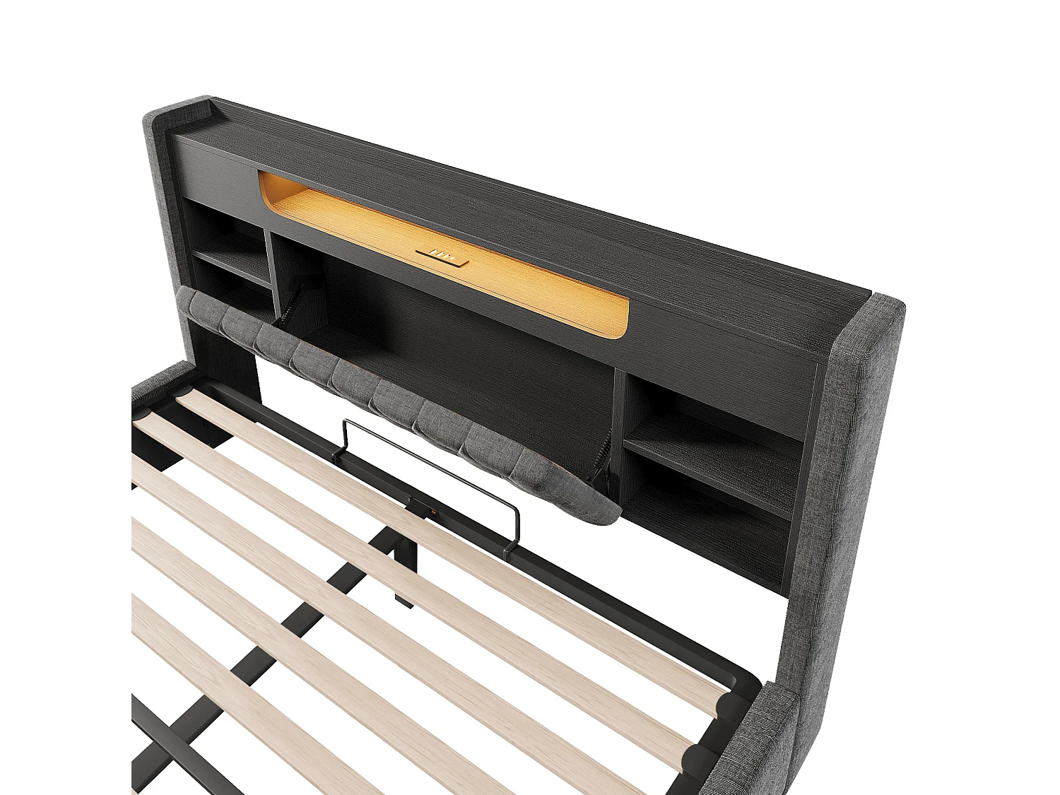 Lit coffre adulte 160x200 cm lin gris - Tête de lit avec rangement, LED et USB/Type-C