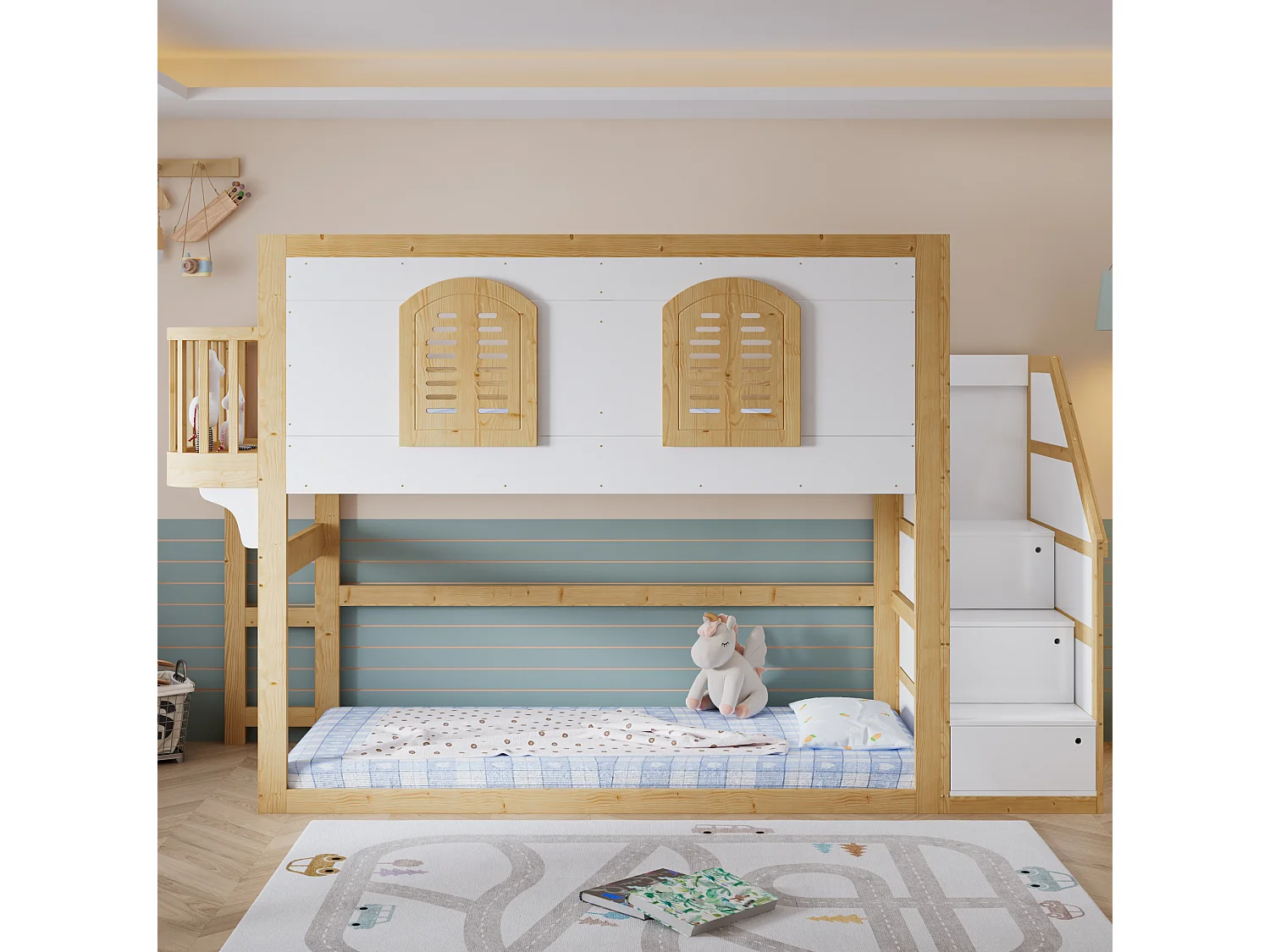 Lit mezzanine enfant 90x200 cm avec escalier de rangement - Blanc et naturel