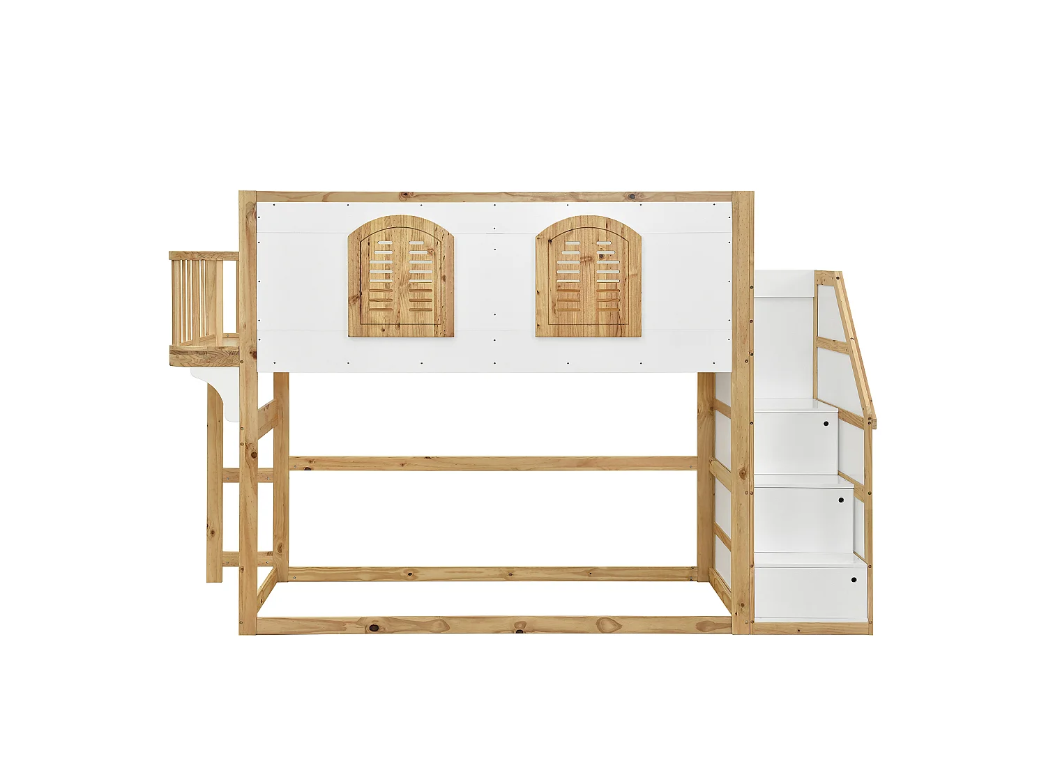 Lit mezzanine enfant 90x200 cm avec escalier de rangement - Blanc et naturel