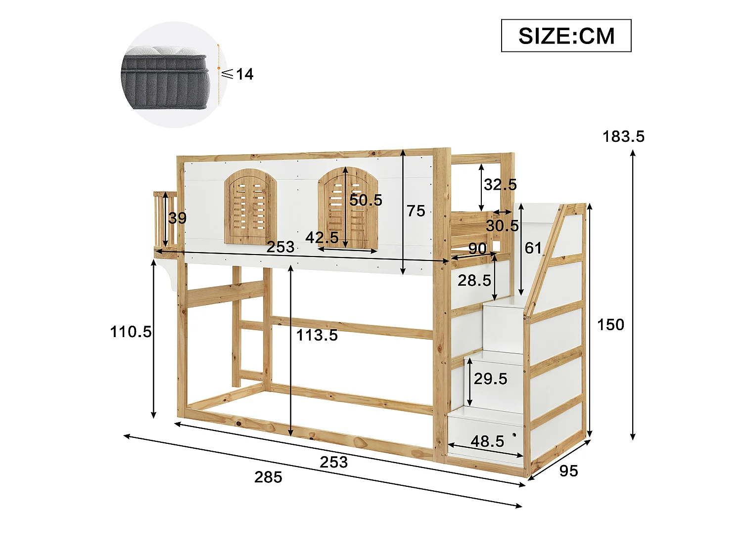Lit mezzanine enfant 90x200 cm avec escalier de rangement - Blanc et naturel