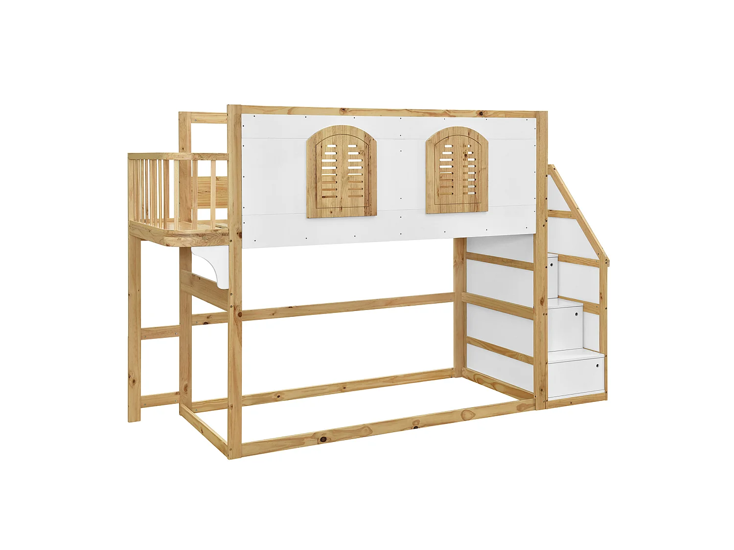 Lit mezzanine enfant 90x200 cm avec escalier de rangement - Blanc et naturel