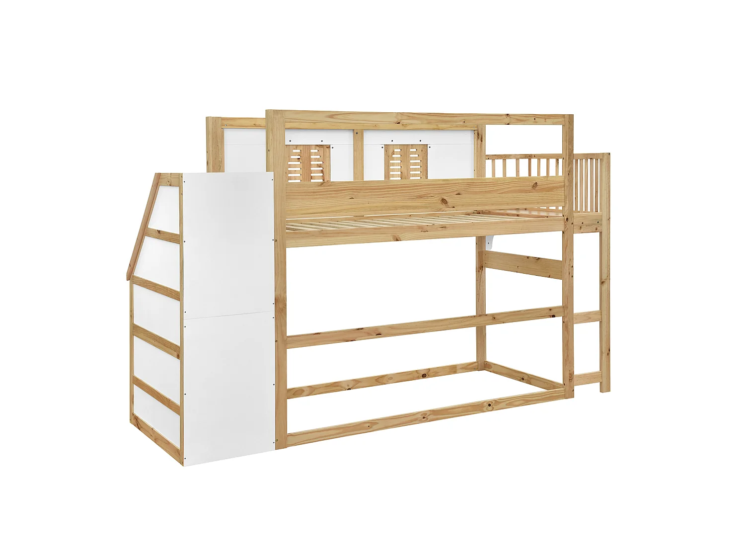 Lit mezzanine enfant 90x200 cm avec escalier de rangement - Blanc et naturel