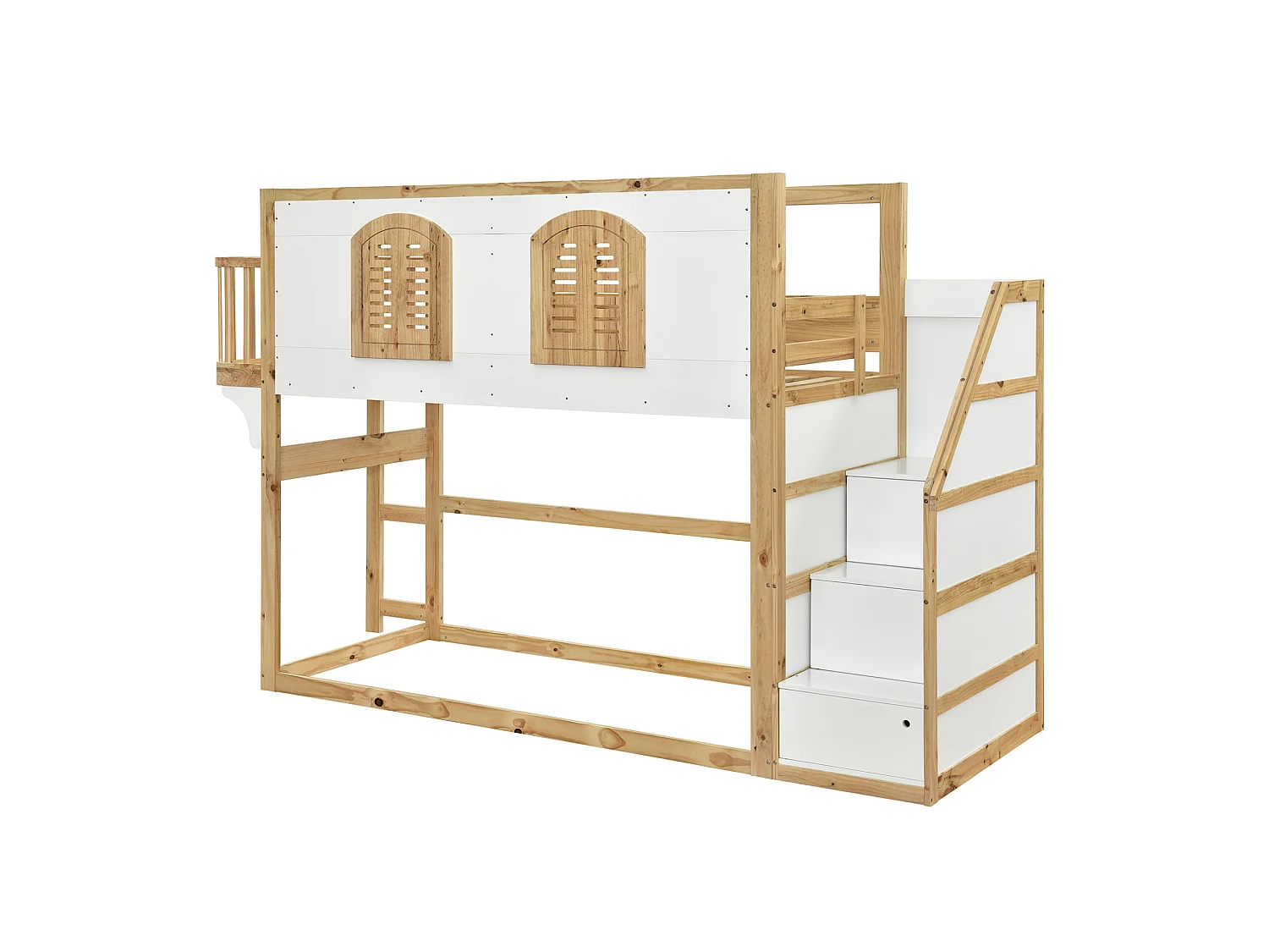 Lit mezzanine enfant 90x200 cm avec escalier de rangement - Blanc et naturel