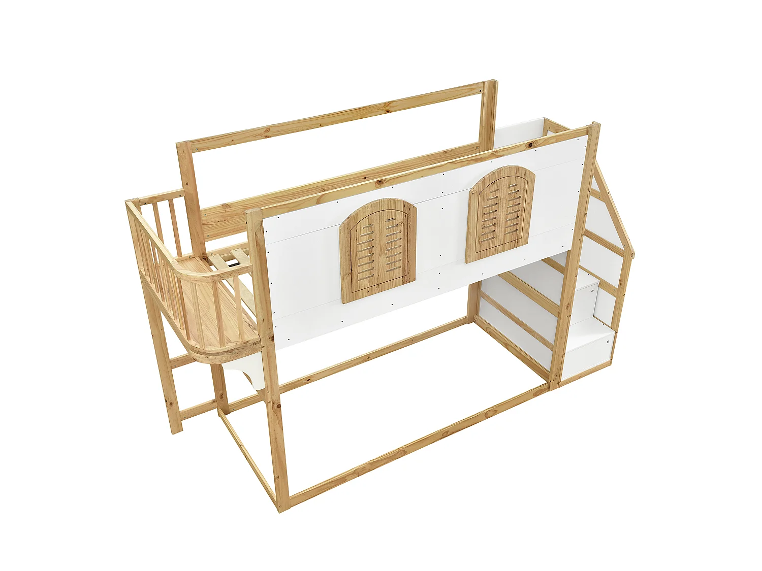 Lit mezzanine enfant 90x200 cm avec escalier de rangement - Blanc et naturel