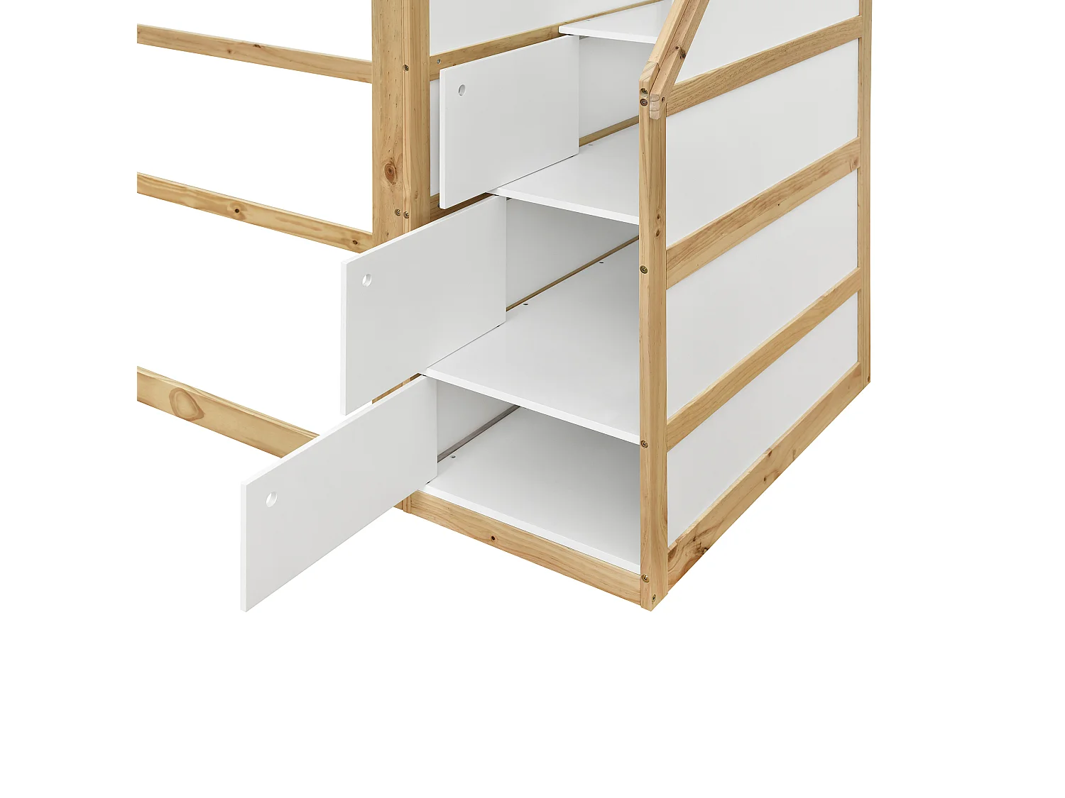 Lit mezzanine enfant 90x200 cm avec escalier de rangement - Blanc et naturel