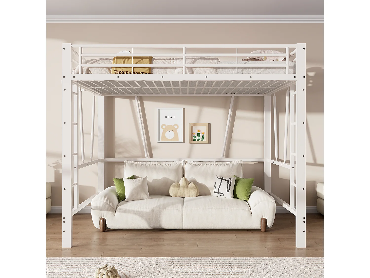 Lit mezzanine 90 x 200 cm - Cadre de lit en métal - 2 échelles - Blanc (matelas non inclus)