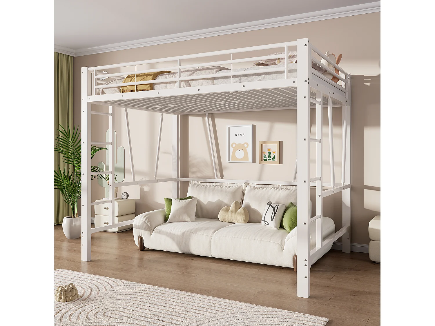Lit mezzanine 90 x 200 cm - Cadre de lit en métal - 2 échelles - Blanc (matelas non inclus)