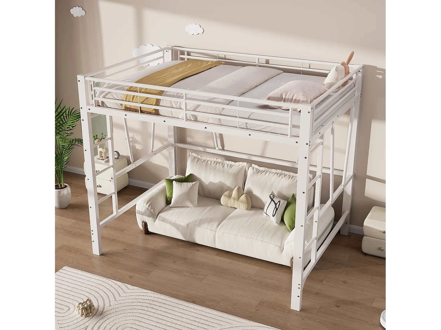 Lit mezzanine 90 x 200 cm - Cadre de lit en métal - 2 échelles - Blanc (matelas non inclus)