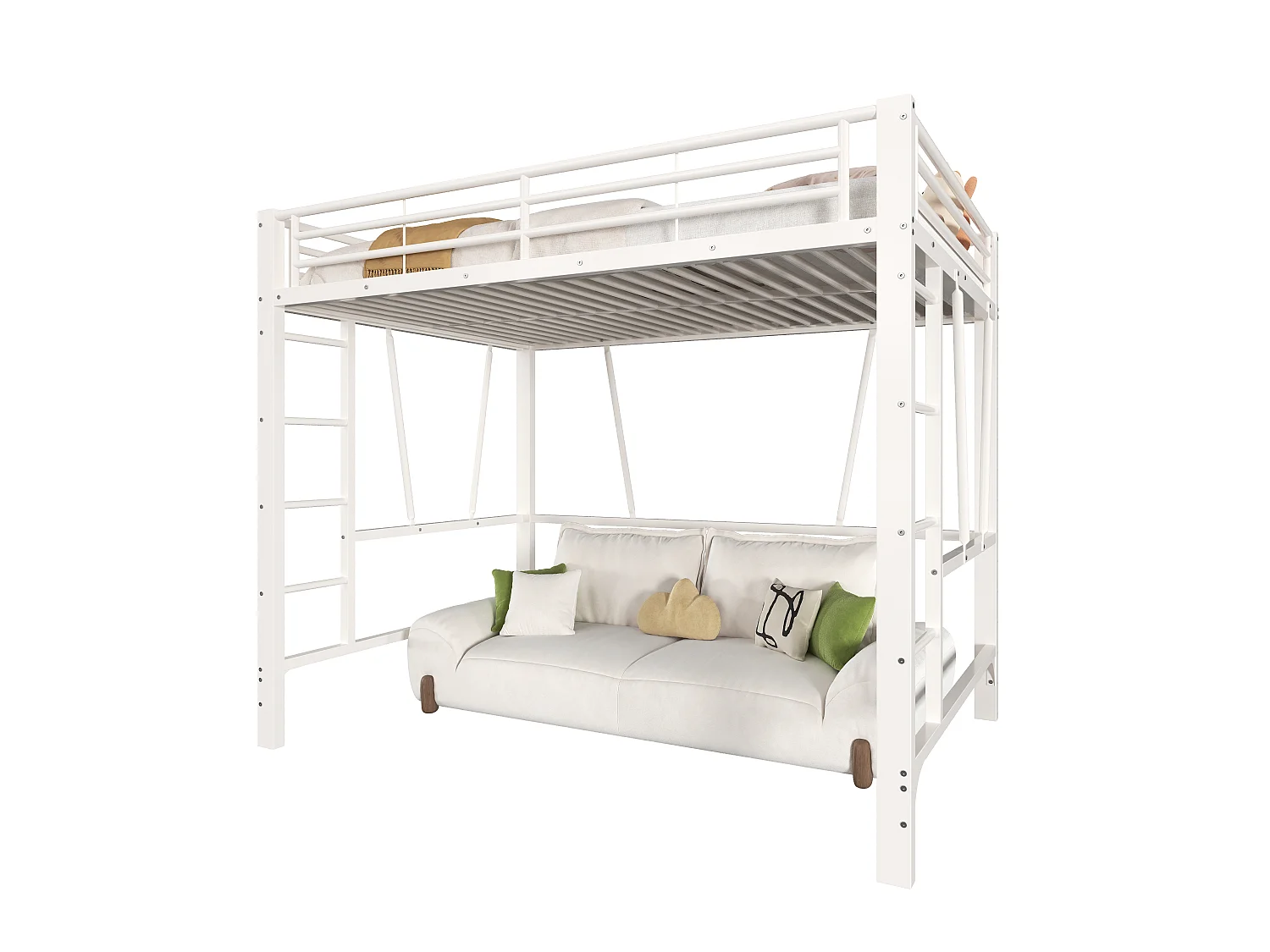 Lit mezzanine 90 x 200 cm - Cadre de lit en métal - 2 échelles - Blanc (matelas non inclus)