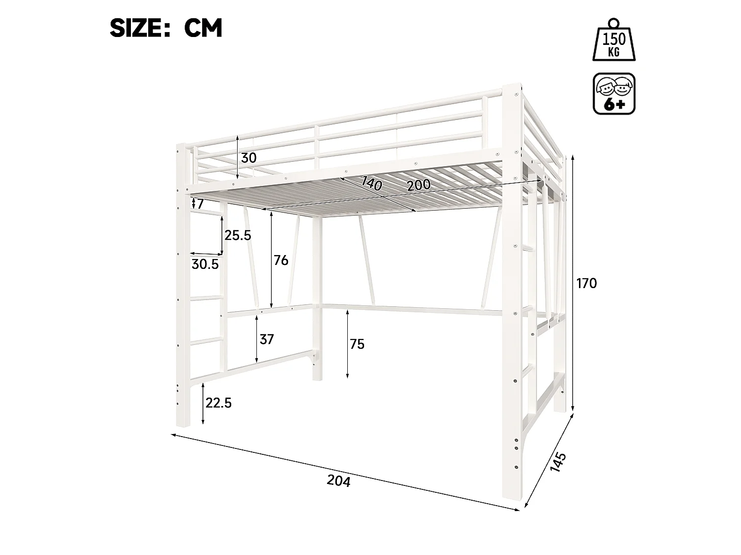 Lit mezzanine 90 x 200 cm - Cadre de lit en métal - 2 échelles - Blanc (matelas non inclus)