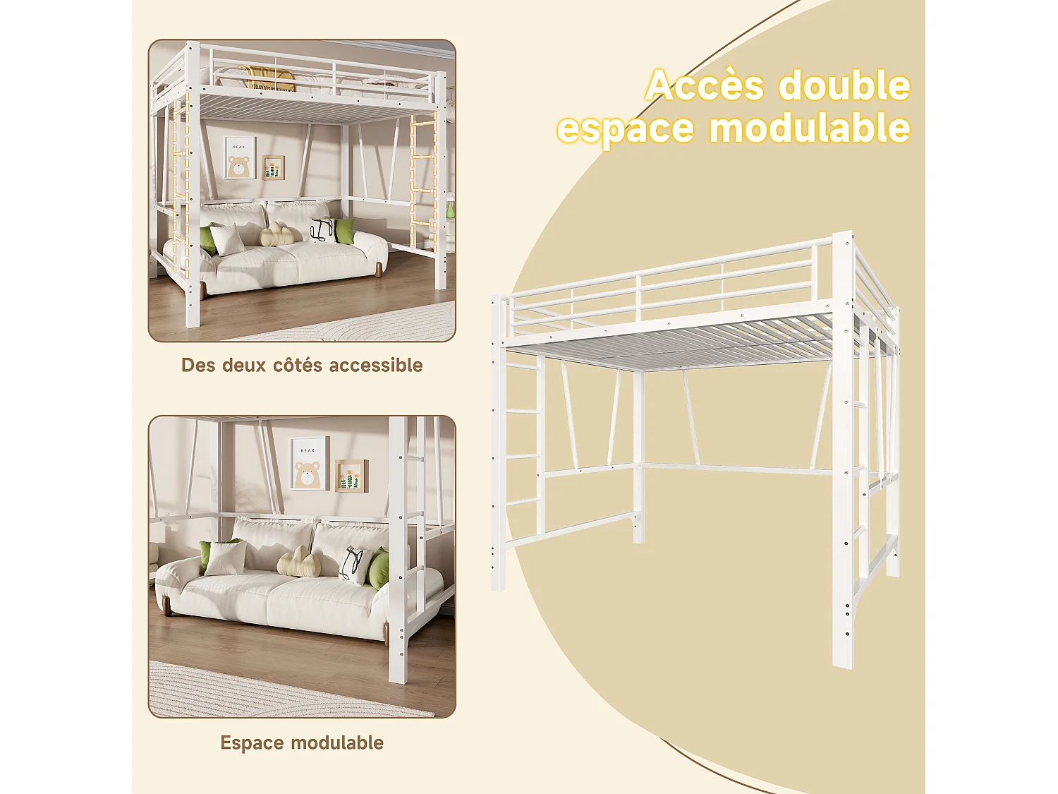 Lit mezzanine 90 x 200 cm - Cadre de lit en métal - 2 échelles - Blanc (matelas non inclus)