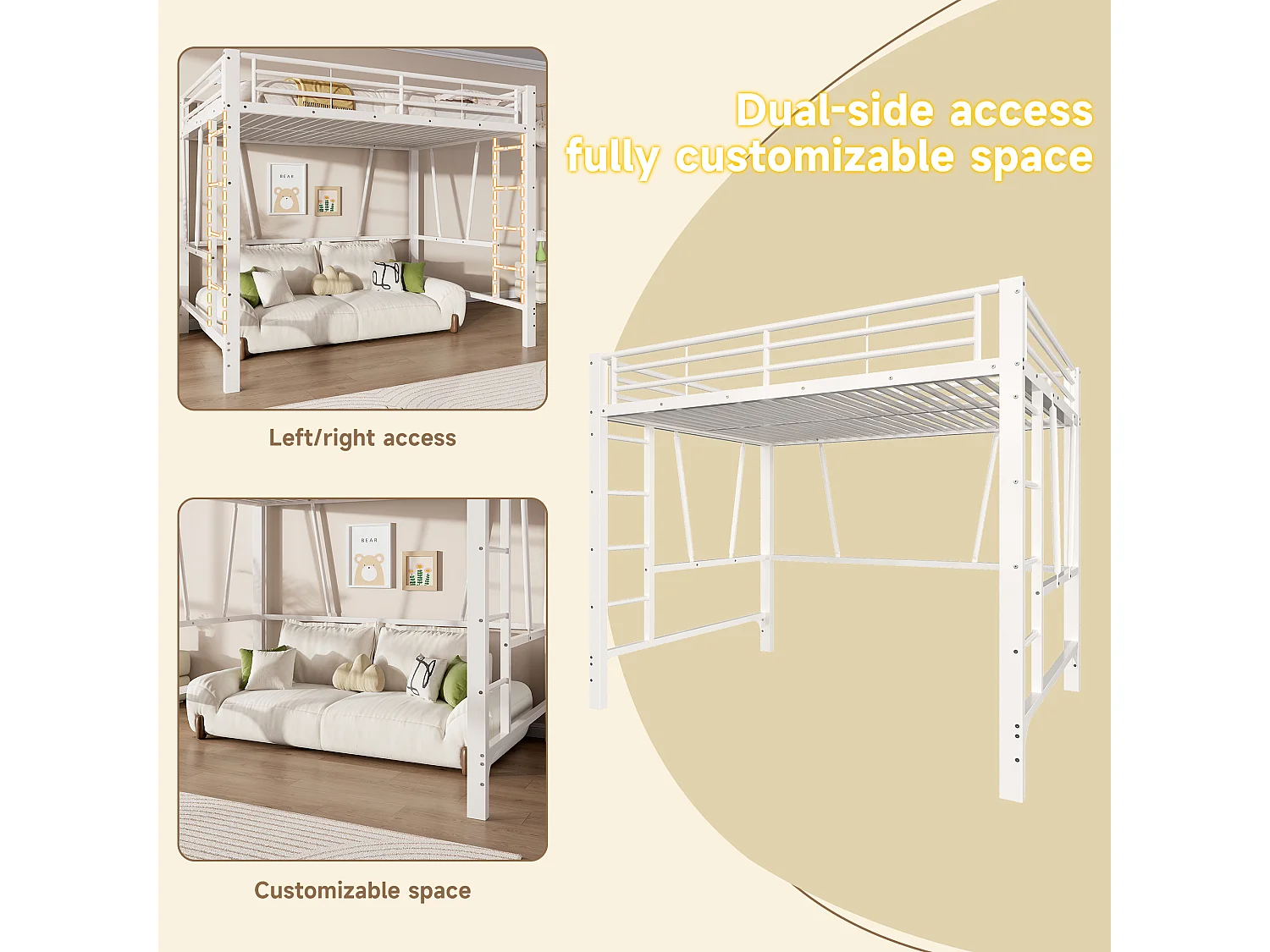 Lit mezzanine 90 x 200 cm - Cadre de lit en métal - 2 échelles - Blanc (matelas non inclus)