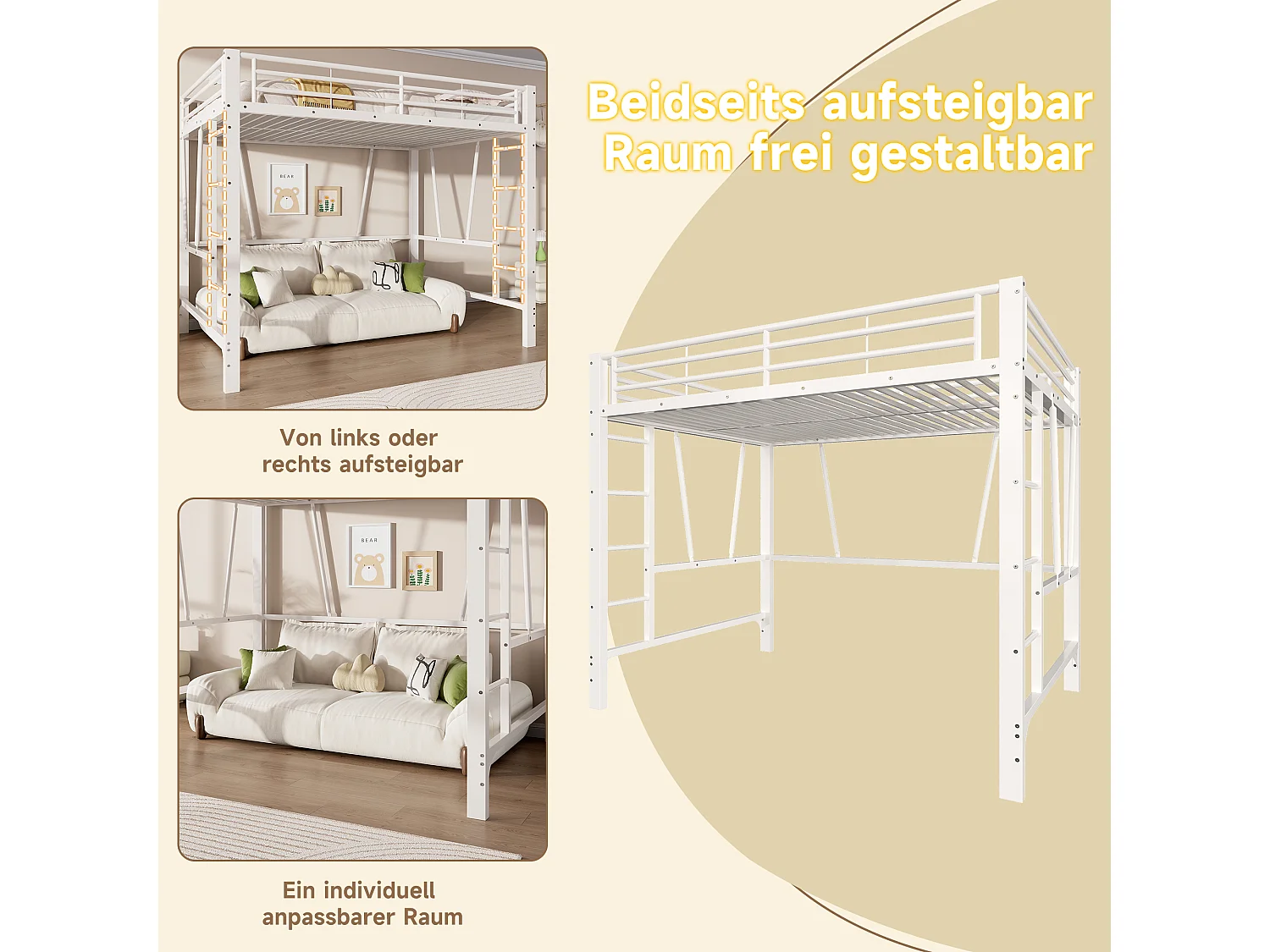 Lit mezzanine 90 x 200 cm - Cadre de lit en métal - 2 échelles - Blanc (matelas non inclus)