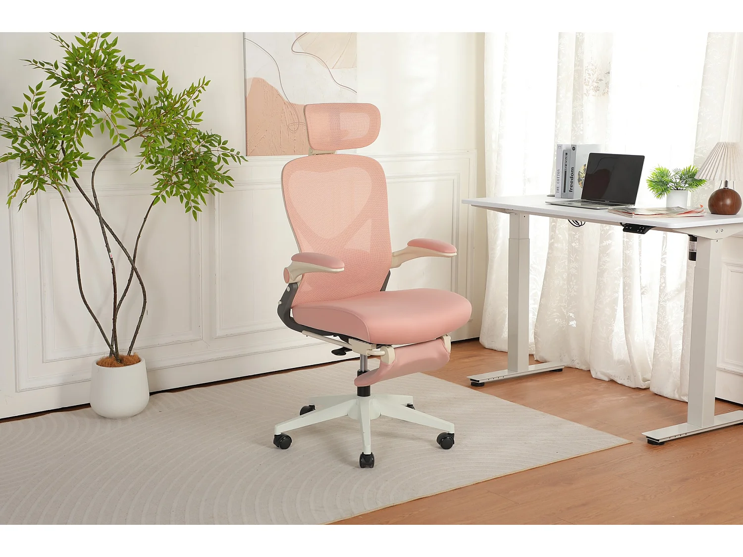 Chaise de bureau pliable avec appui-tête 3D et dossier réglable - Rose