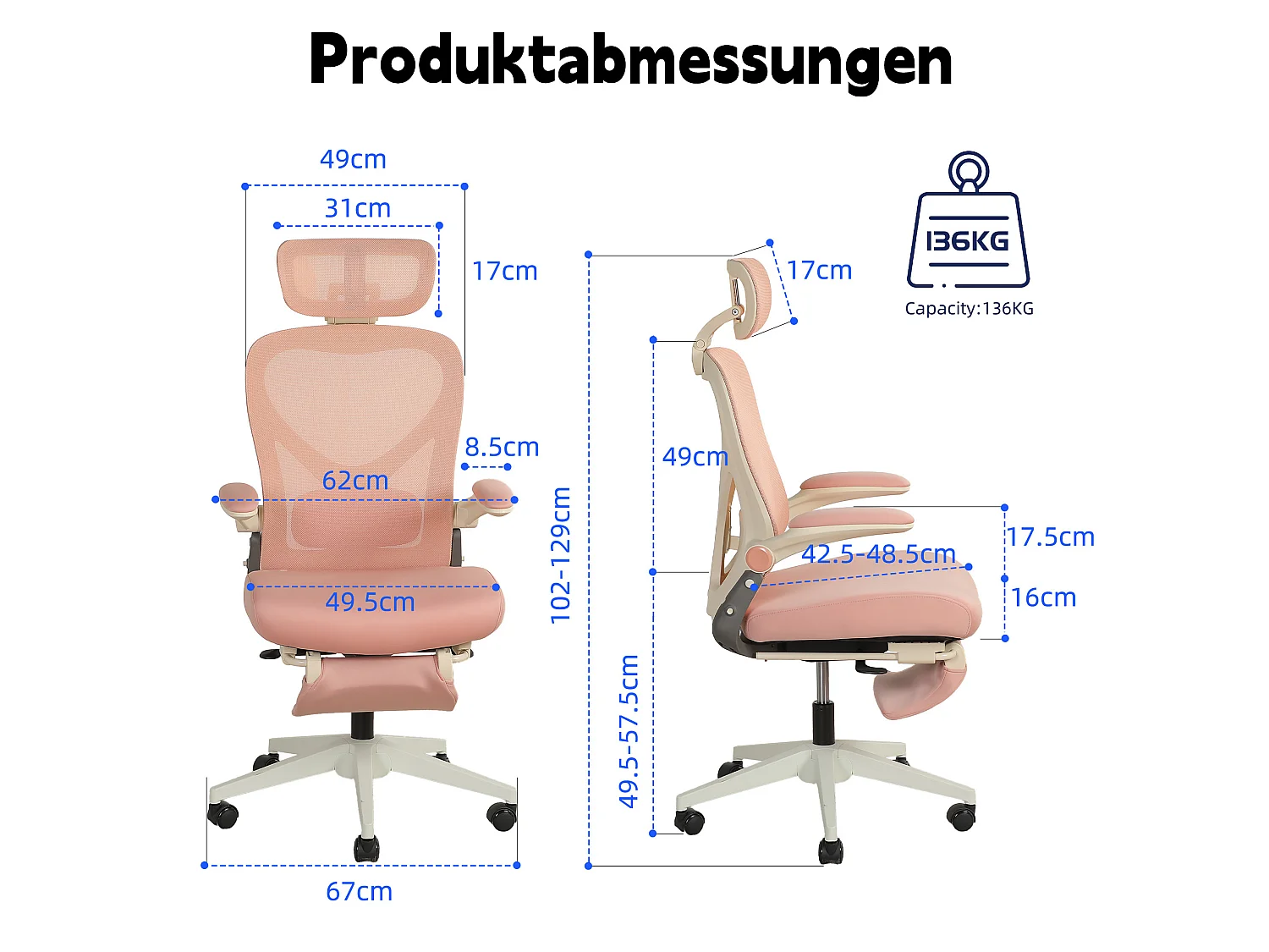 Chaise de bureau pliable avec appui-tête 3D et dossier réglable - Rose