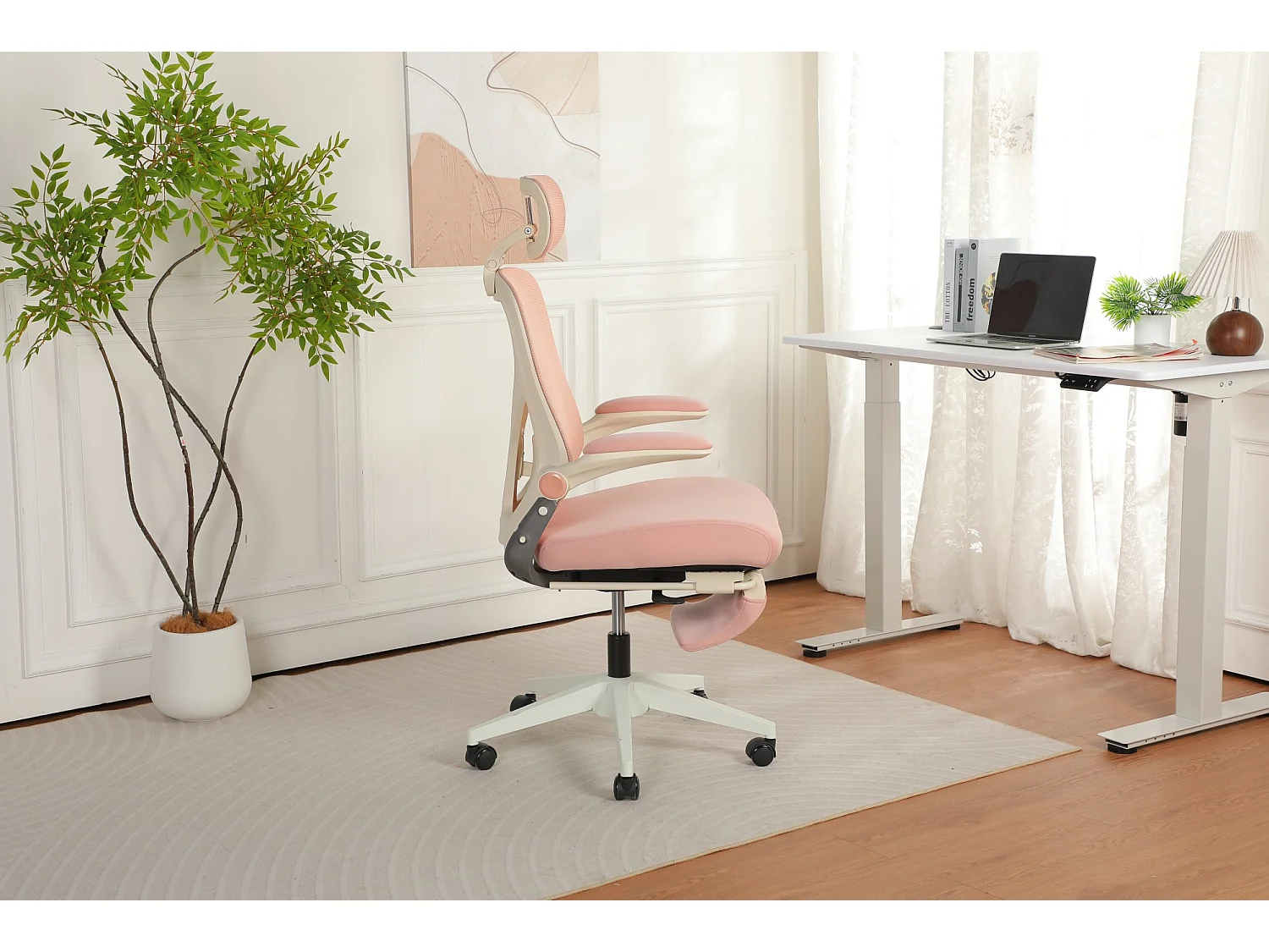 Chaise de bureau pliable avec appui-tête 3D et dossier réglable - Rose