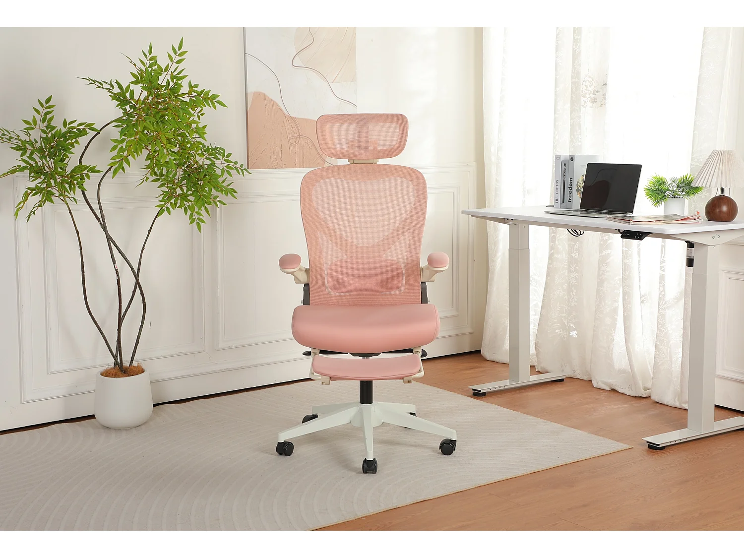 Chaise de bureau pliable avec appui-tête 3D et dossier réglable - Rose