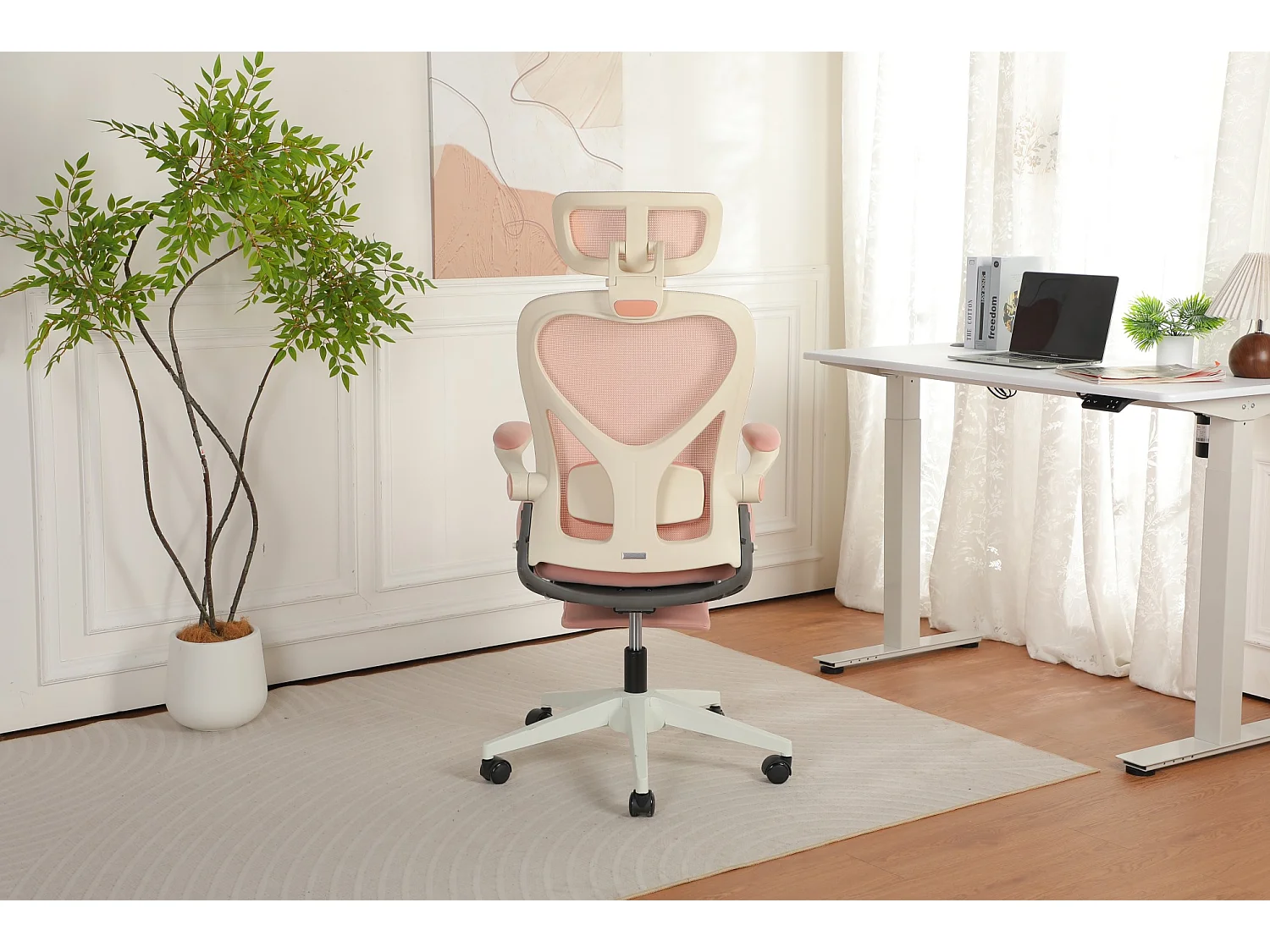Chaise de bureau pliable avec appui-tête 3D et dossier réglable - Rose